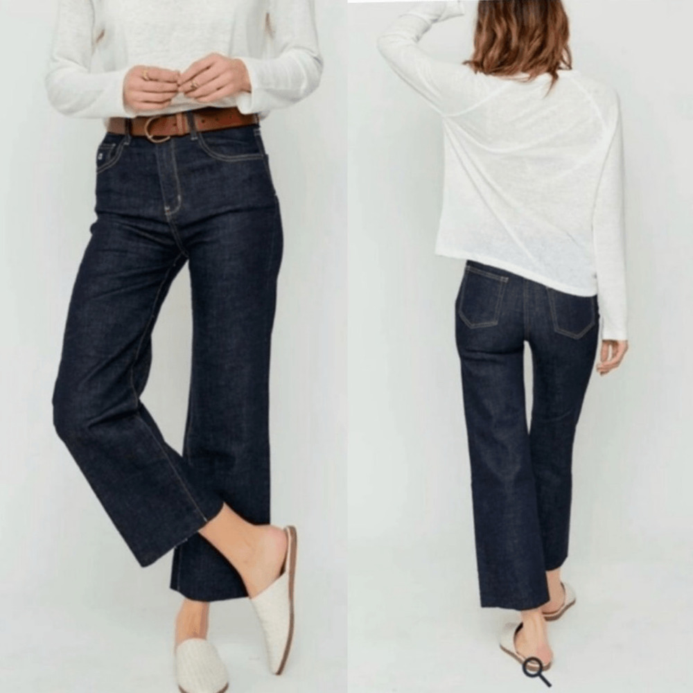 Oliver Logan Aberdeen Jeans Dark Wash Wide Leg Crop High Rise Raw Hem Denim 28 - Picture 1 of 14